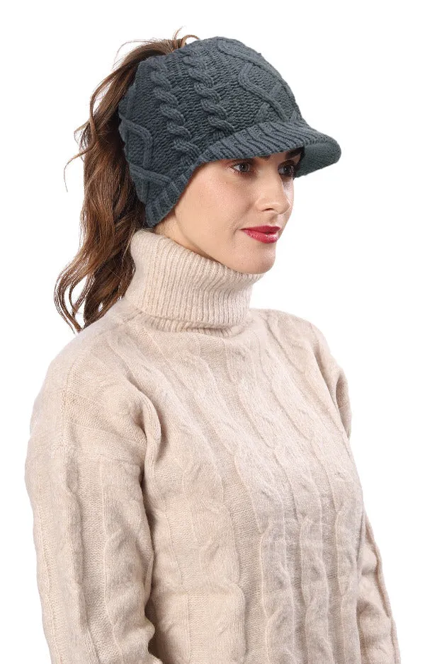 Women Winter Knit Messy Bun Ponytail Visor Beanie Hat B325