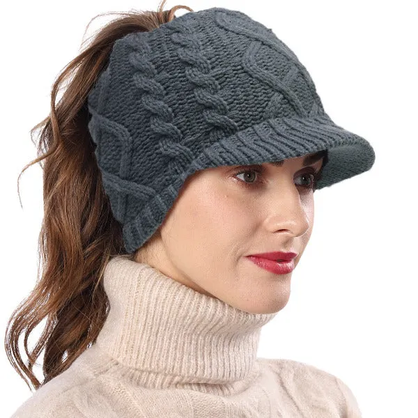 Women Winter Knit Messy Bun Ponytail Visor Beanie Hat B325