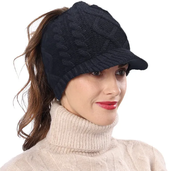 Women Winter Knit Messy Bun Ponytail Visor Beanie Hat B325