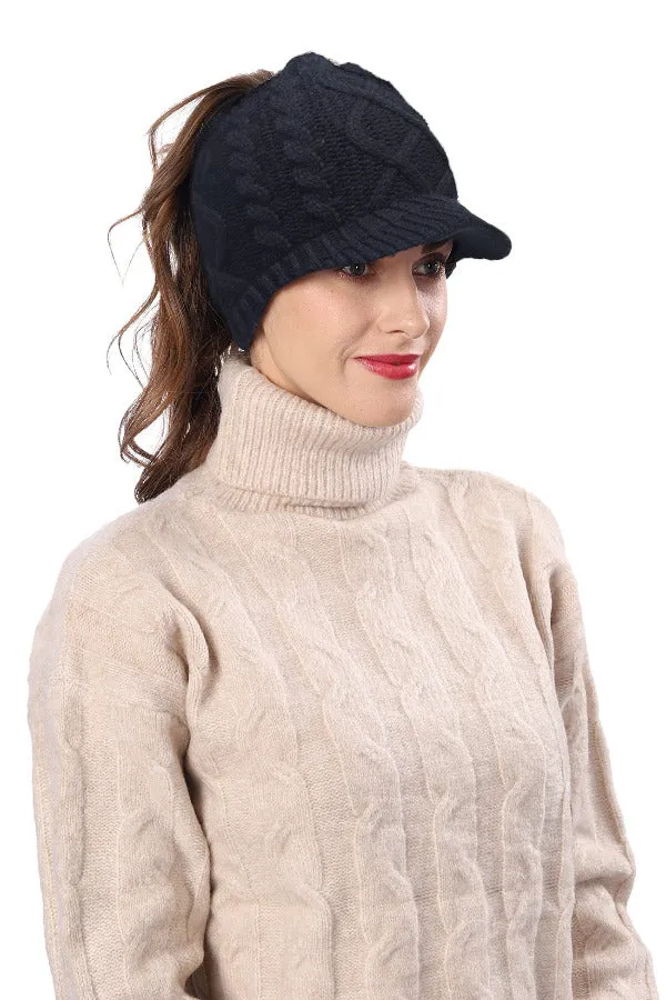 Women Winter Knit Messy Bun Ponytail Visor Beanie Hat B325